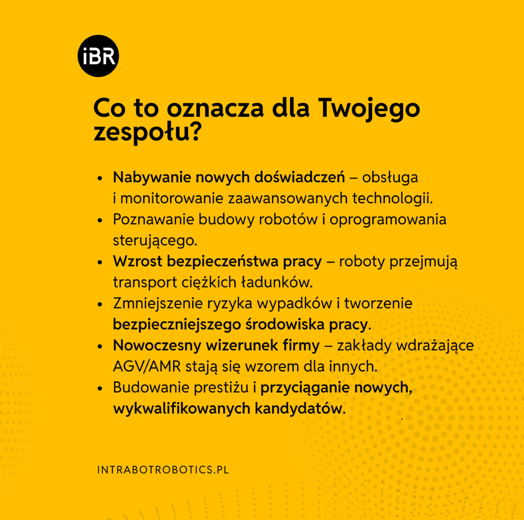 Korzyści automatyzacji dla zespołu: wzrost bezpieczeństwa (ciężkie ładunki), nabywanie nowych doświadczeń, nowoczesny wizerunek firmy i prestiż.